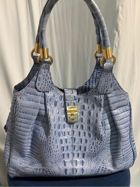 Brahmin Elisa Melbourne Blue Croc-Embossed Leather Satchel with Gold Hardware